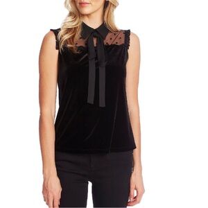 CECE BY CYNTHIA STEFFE Black Velvet Sleeveless Top with Sheer Dot Details Small